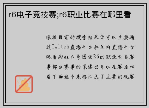 r6电子竞技赛;r6职业比赛在哪里看