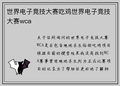 世界电子竞技大赛吃鸡世界电子竞技大赛wca